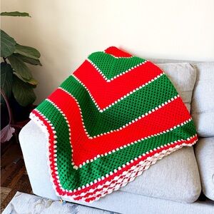 Handmade crochet green and red throw afghan blanket 88” x 88”